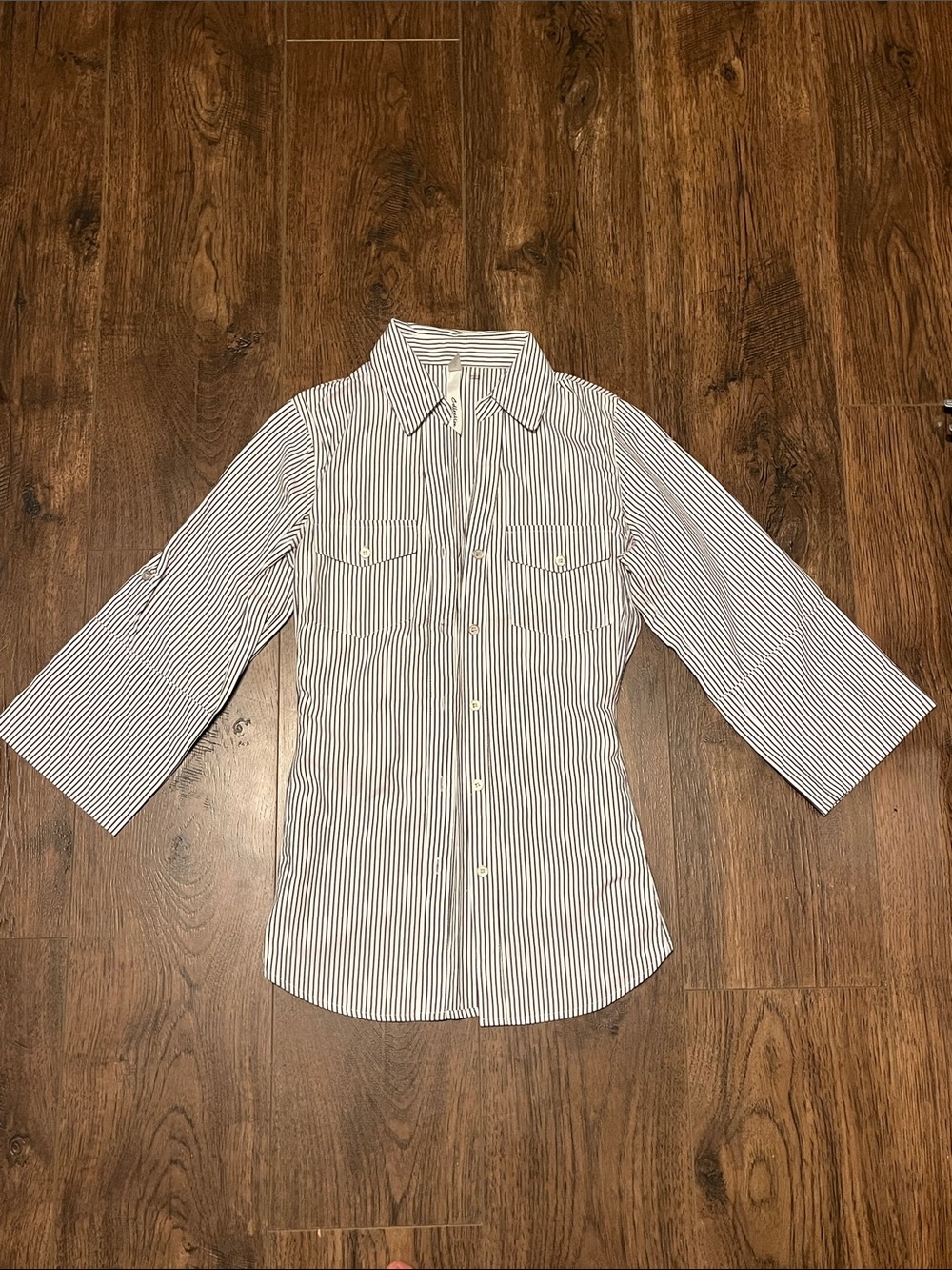 NY Collection White and Navy Striped Button-Down Shirt